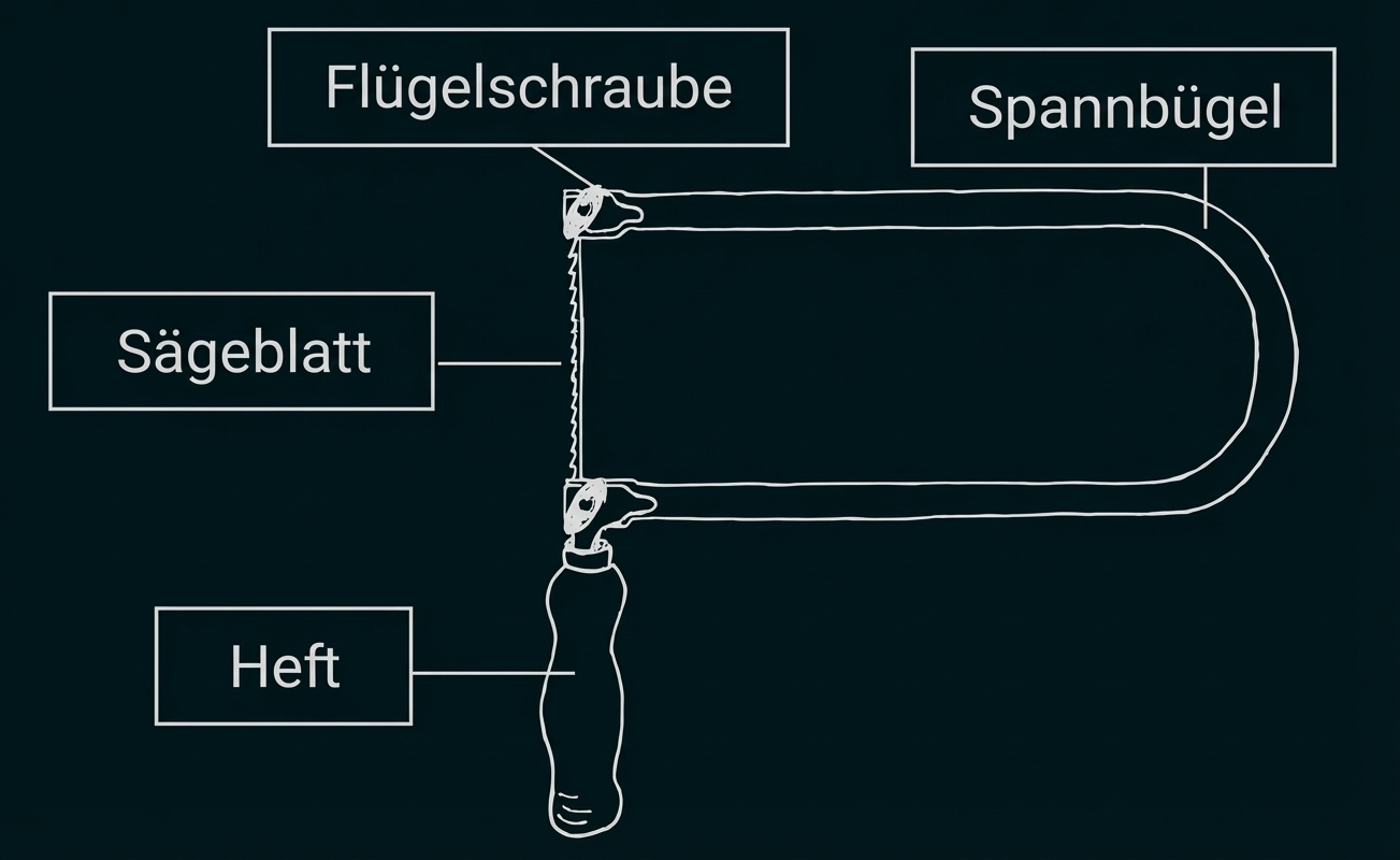 Skizze einer Laubsäge mit Beschriftungen: Spannbügel, Flügelschraube, Sägeblatt und Heft.